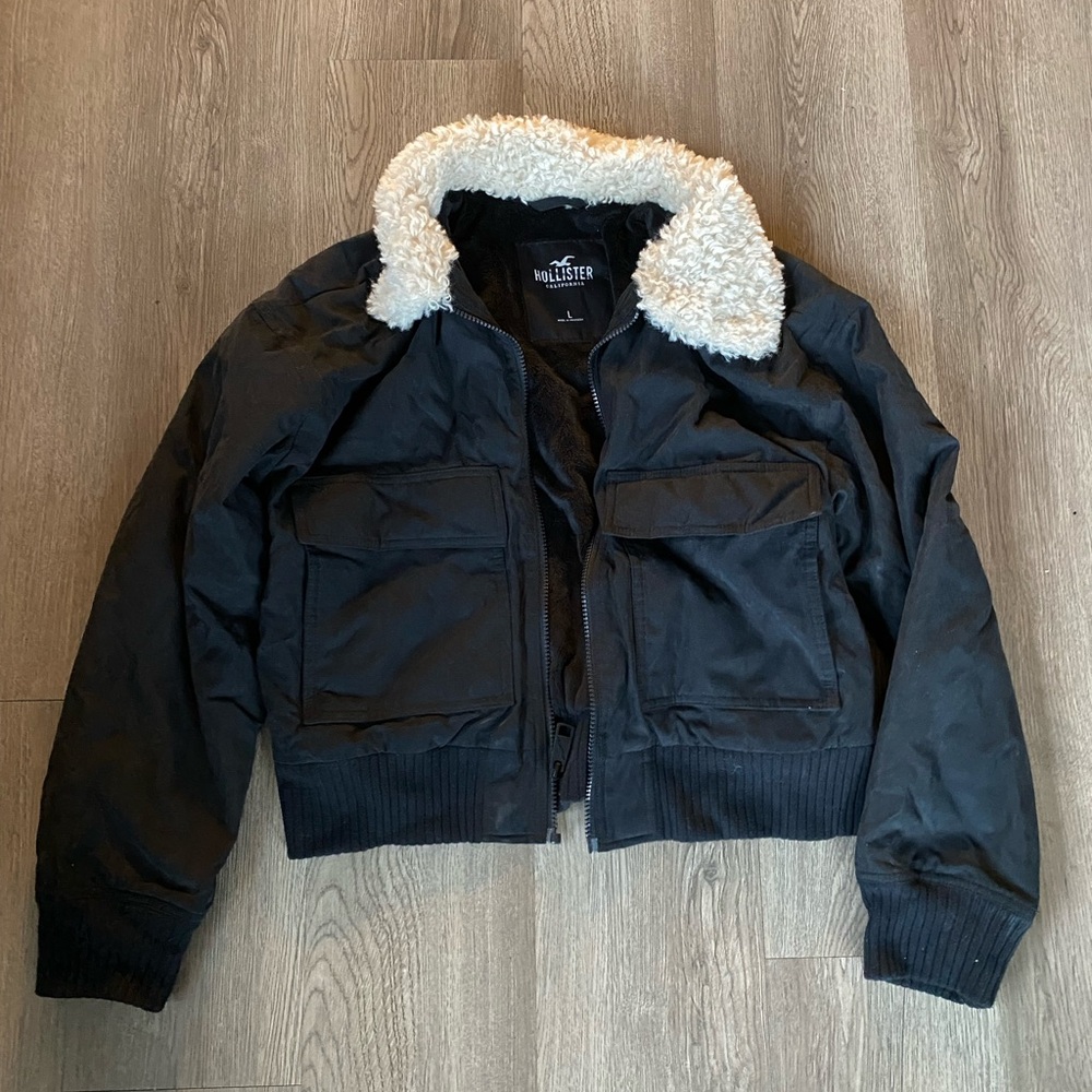 Hollister Women's Black Bomber Jacket with Shearling Collar